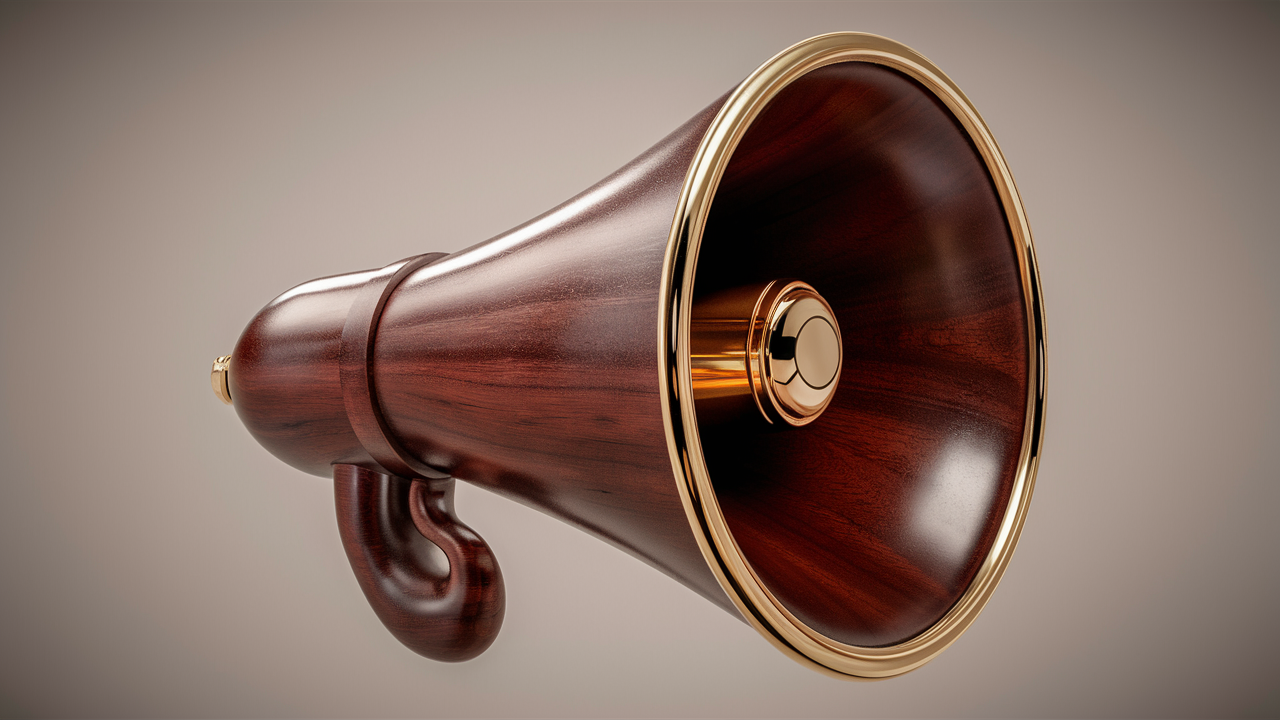 A floating wooden megaphone against a bare and neutral background, with gold trim around the rim and inside.